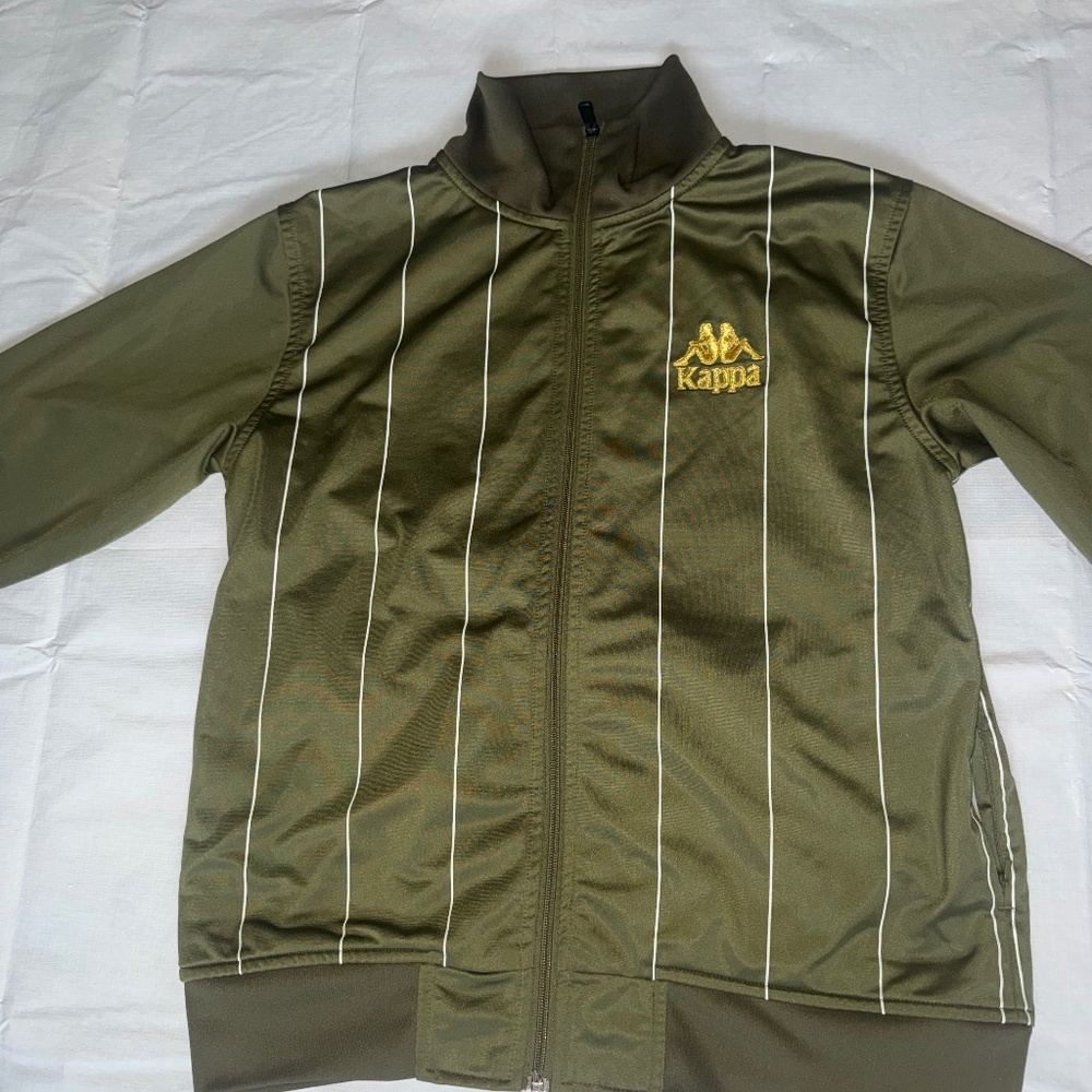 vintage Kappa track jacket in olive green with white pinstripes